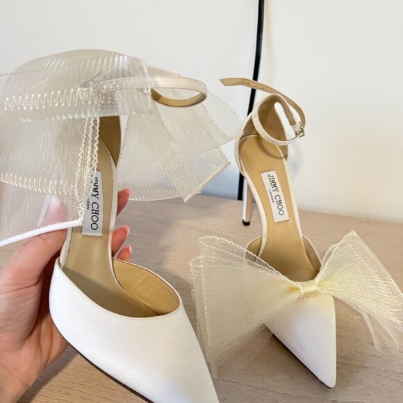 Jimmy Choo Averly 100 Satin Pumps Bow Mesh Detail Ankle Strap Stiletto Heels - Picture 5 of 13